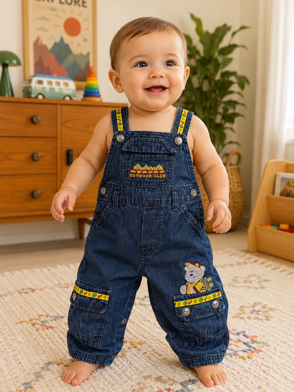 Vintage Baby Boy Osh Kosh Style Overalls Embroidery Bear Outdoor Time SZ 12 Mont